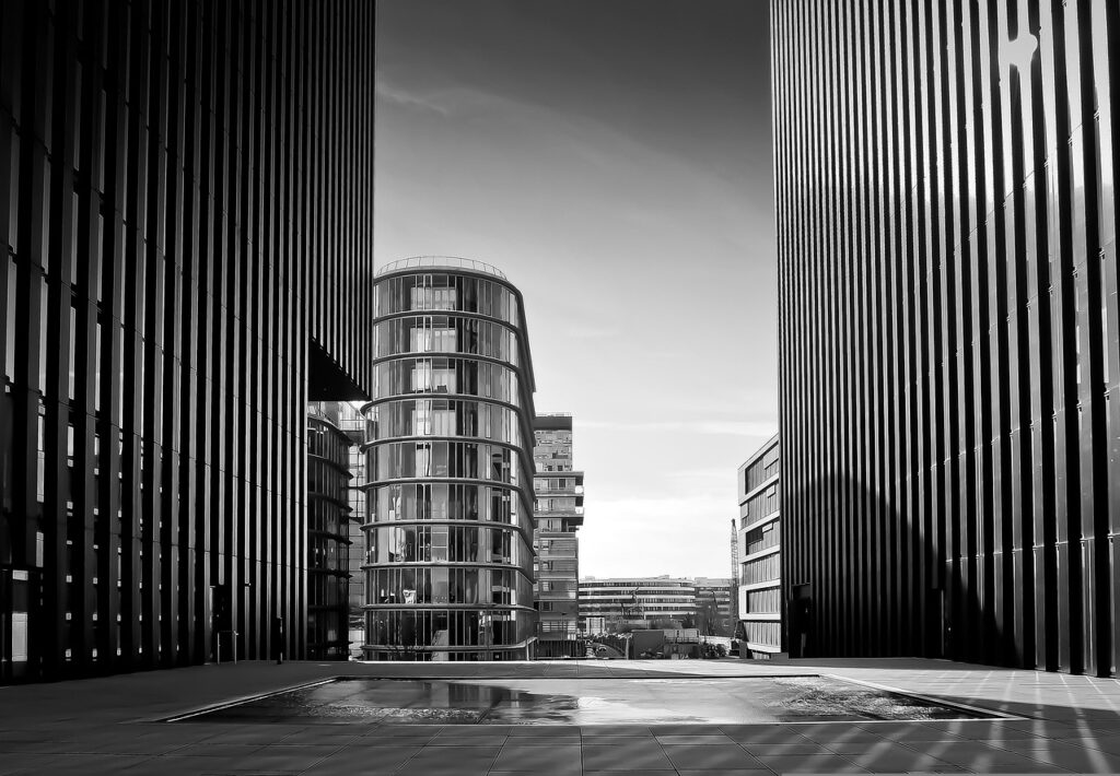 skyscraper, building, architecture, city, modern, urban landscape, urban, glass, tower, city center, nature, facade, window, center, water, dusseldorf, perspective, media harbour, black-and-white, modern architecture, contemporary architecture